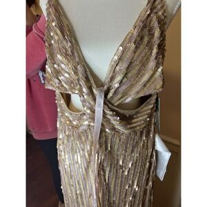 Mac Duggal 10817 Gold Sequin Cutout V-Neck Evening Gown Dress Womens 16 NEW